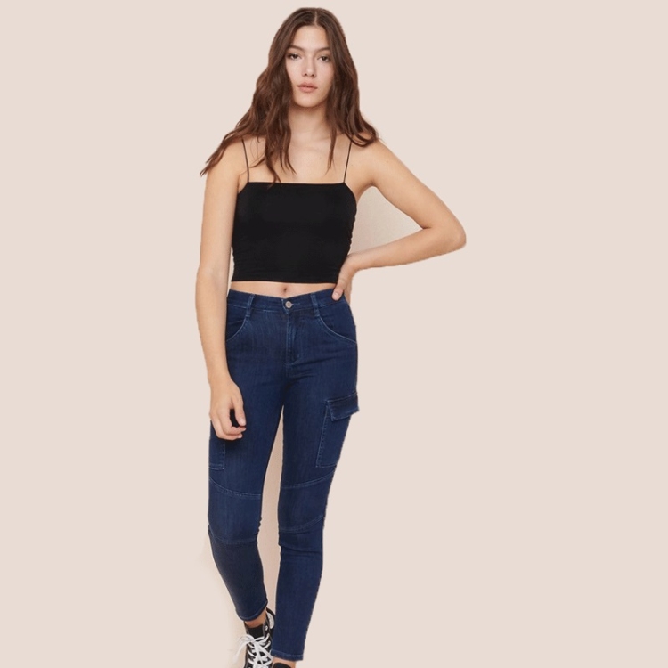 

High Waist Stretch-fit Denim Pants (Color:Dark Blue Size:S)