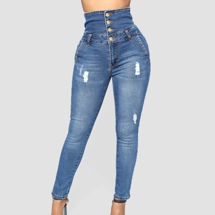 

High Waist Multi-button High Elastic Pants (Blue_XL)