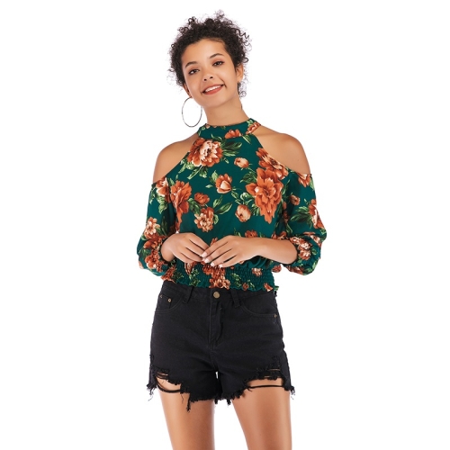 

Off-the-shoulder Printed Chiffon Cropped Sleeve T-shirt (Green_M)