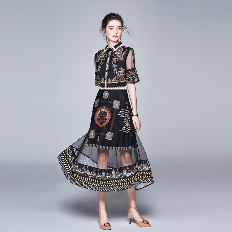 

Lapel Short Sleeve Midi Dress (Color:Black Size:S)