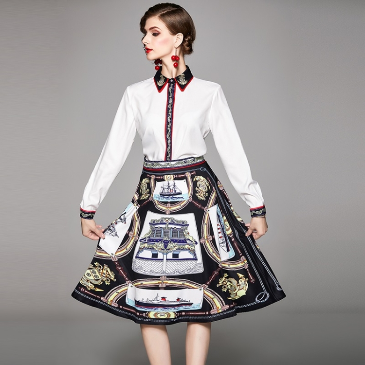 

Printed Long-sleeved Lapel Shirt + Big Swing Skirt Two-piece(Color:As Show Size:XXL)