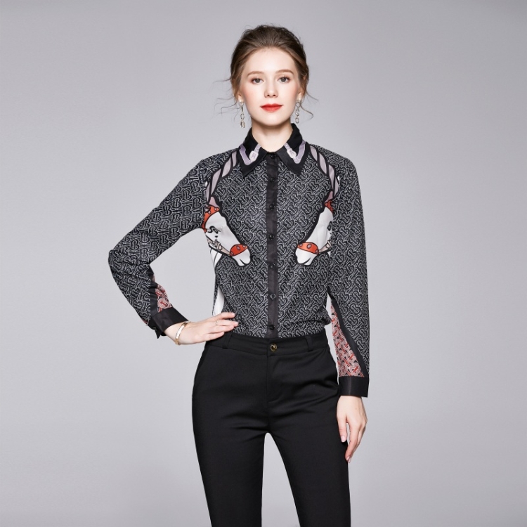 

Women Collar Print Slim Shirt (Color:Grey Size:M)