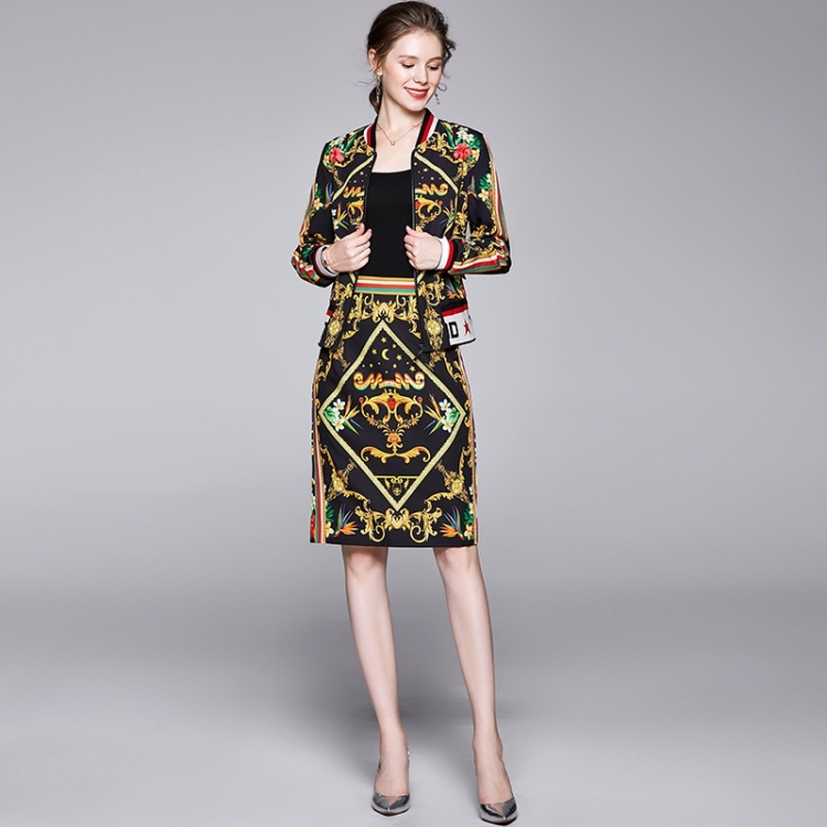 

Women Print Suit Jacket + Skirt Two Piece Set (Color:Yellow Size:M)