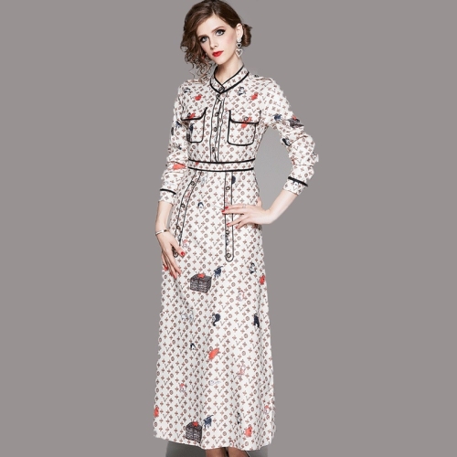 

Stitched Black Line Small Collar Long Sleeve Slim Print Dress (As Show_M)