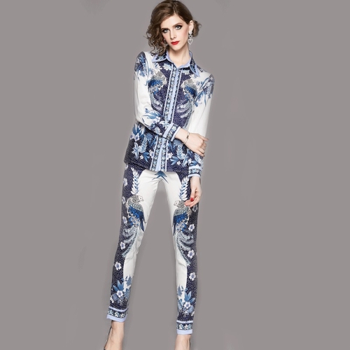 

Fashion Positioning Printed Lapel Shirt + Cropped Pants Suit (Color:As Show Size:XL)