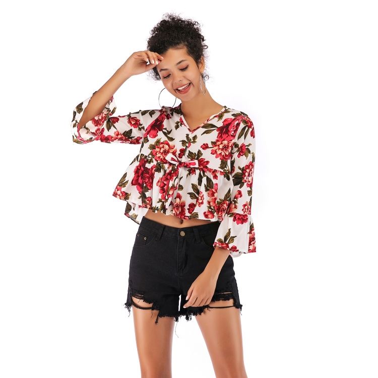 

V-neck Flared Sleeves Printed Chiffon Shirt Long Sleeves (Color:Red Size:M)