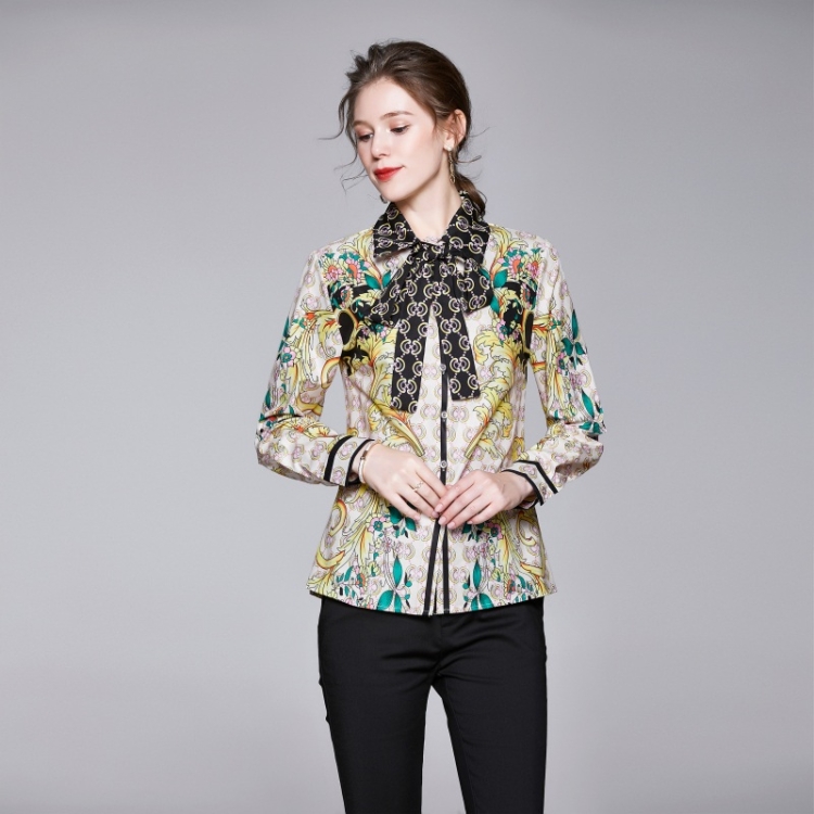 

Women Collar Bow Print Slim Fit Shirt (Color:As Show Size:M)