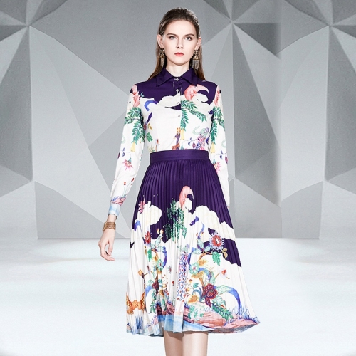 

Pleated Print Lapel Long Sleeve Dress (As Show_S)
