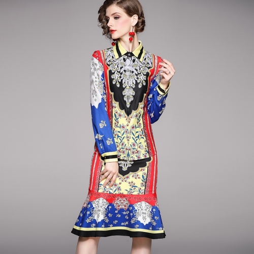 

Women Printed Shirt + Slim Fishtail Skirt Set(Color:As Show Size:XXL)