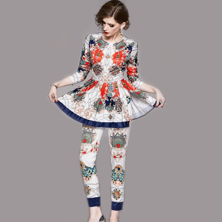 

Long Sleeve Mid-Length Folding Top with Pants Pants Printing Set (Color:As Show Size:M)