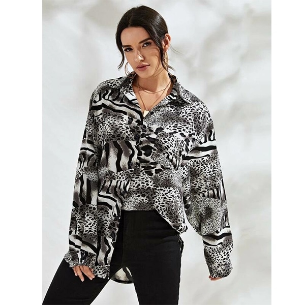 

Mid-length Animal Print Long-sleeved Shirt (Color:Grey Size:S)