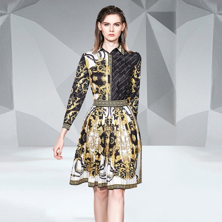 

Printed Shirt Top + Pleated Slim Skirt Suit(Color:As Show Size:XXL)