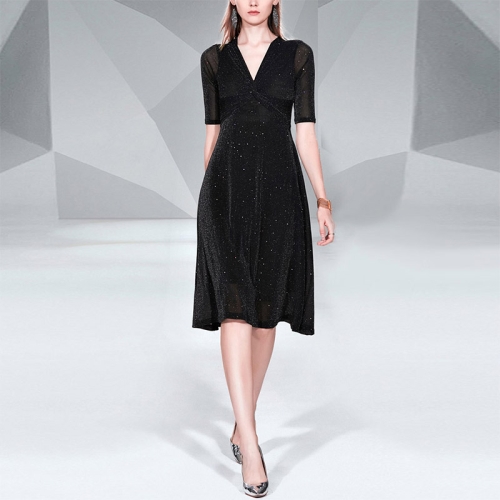 

Shiny V-neck Mid-sleeve Dress (Black_L)
