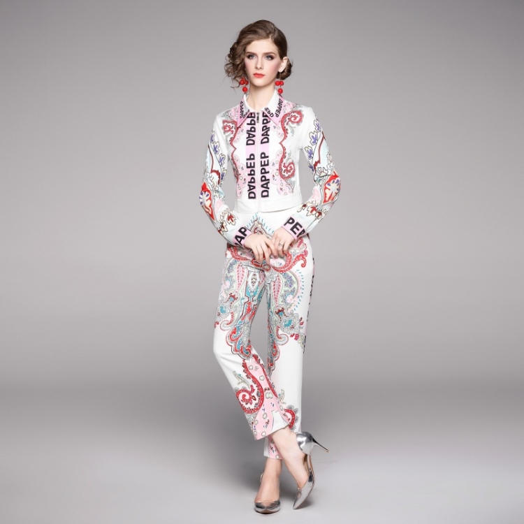 

Women Printed Long Sleeve Jacket + Two-Piece Casual Pants (Color:White Size:M)