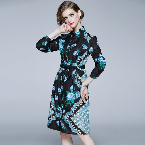 

Women Print Long Sleeve Lapel Waist Dress (Color:Blue Size:M)