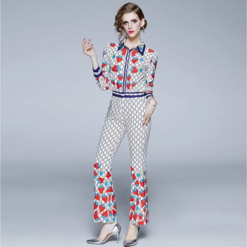 

Women Strawberry Print Shirt + High Waist Flared Pants (Color:As Show Size:M)