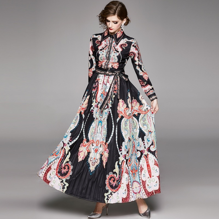 

Print Shirt Lapel Long Sleeve Pleated Dress (Color:Black Size:M)