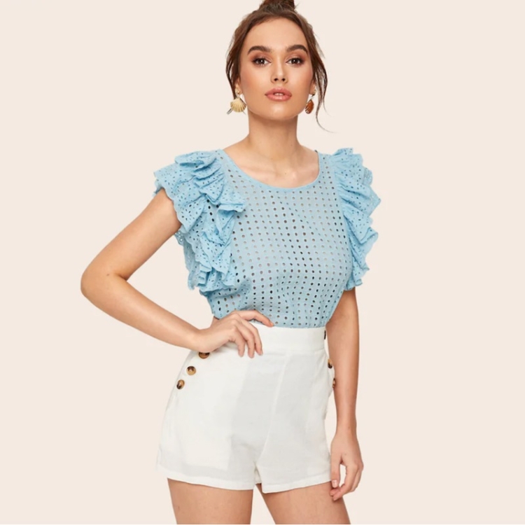 

Ruffle Sleeve Shirt Lace Top (Color:Blue Size:S)