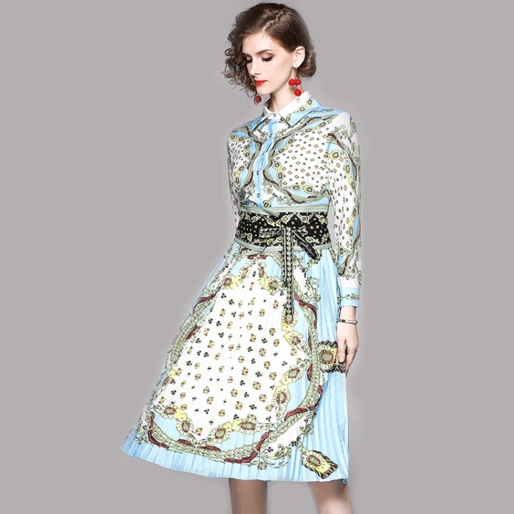 

Temperament Thin Long-sleeved Waist Slim-fit Printed Pleated Dress (Color:Sky Blue Size:M)