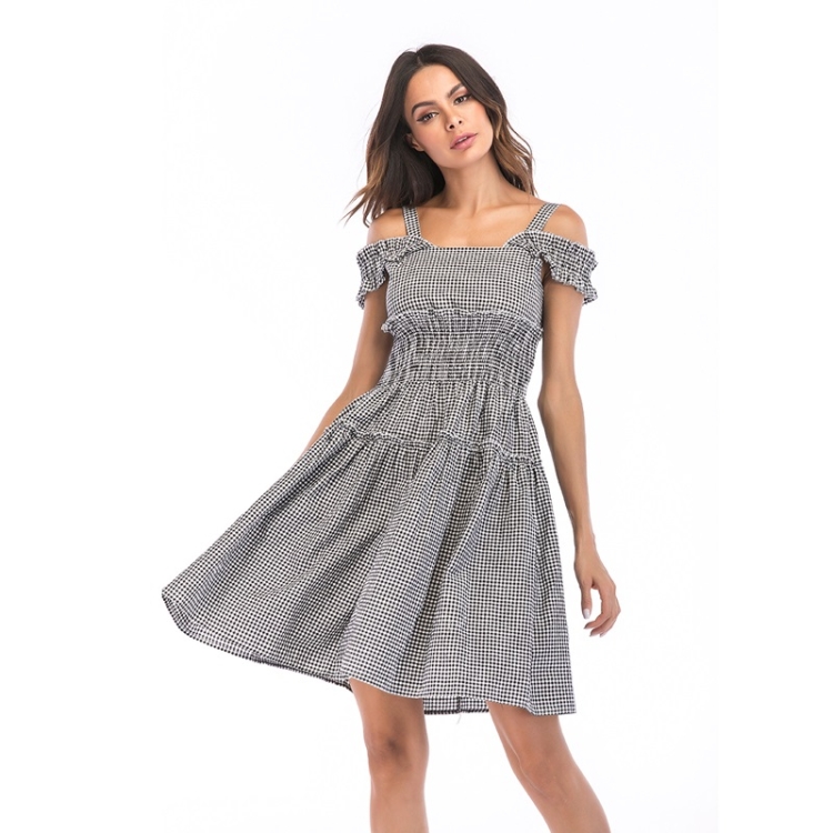 

Off-Shoulder Slim Check Dress (Color:Black Size:M)