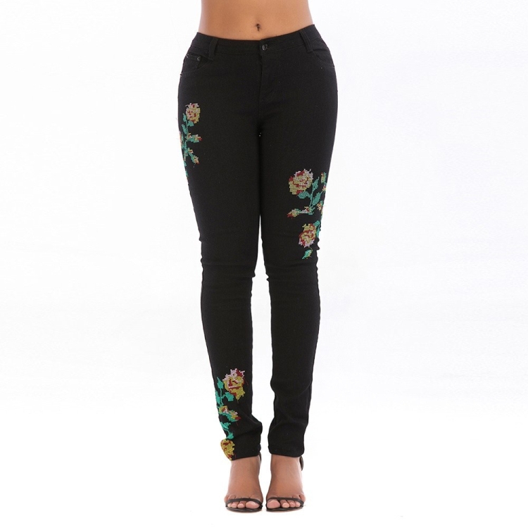 

Stretch Denim Embroidery Hot Denim High Waist Pants (Color:Black Size:S)