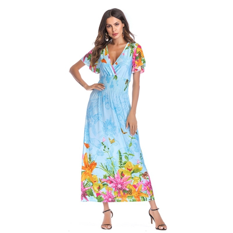 

V-neck Short Sleeve Dress (Color:Blue Size:M)