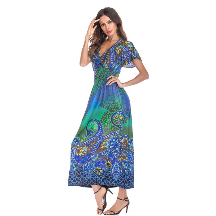 

V-neck Short Sleeve Dress (Color:Green Size:M)
