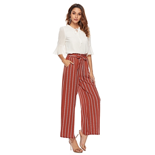 

Casual High Waist Was Thin Straight Elastic Waist Band Wide Leg Pants Trousers (Color:Red Size:S)