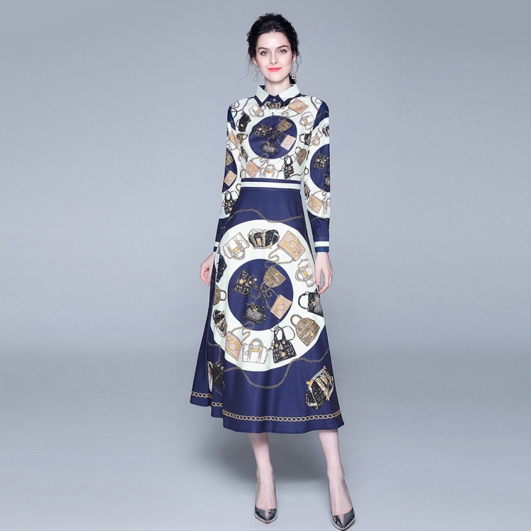 

Printed Long Sleeve Big Swing Dress (Color:As Show Size:M)