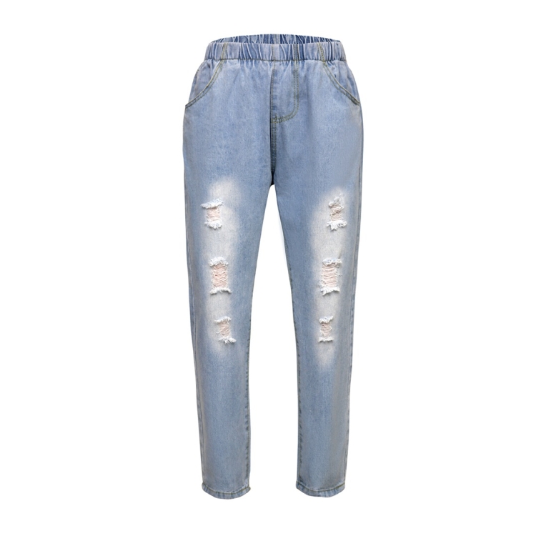 

Hole Elastic Waist Casual Fashion Collection Feet Cropped Jeans (Color:Baby Blue Size:L)