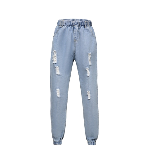 

Fashion Solid Color Hole Elastic Lantern Jeans (Color:Baby Blue Size:M)