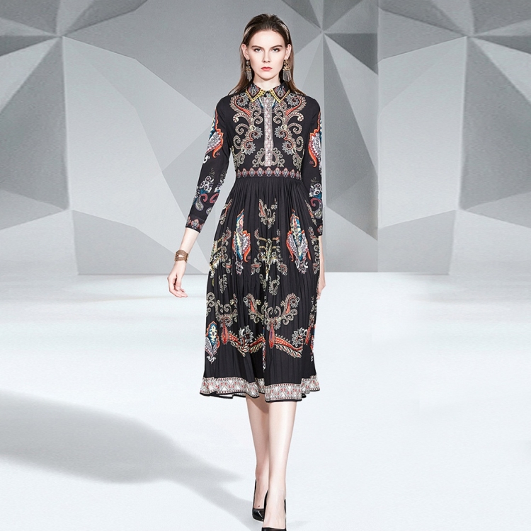 

Long Sleeve Print Waist Slim Pleated Dress (Color:Black Size:M)