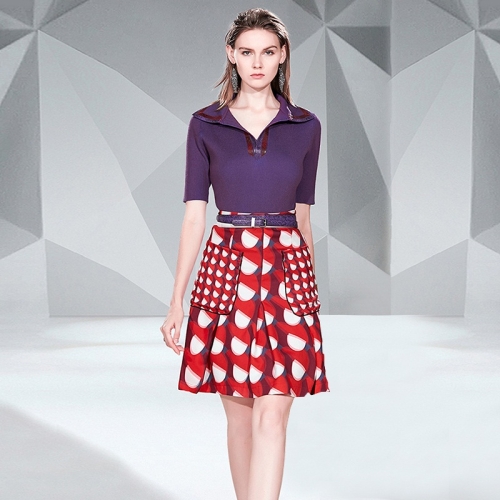 

Half-open Collar Sweater + Fashion Print Skirt Two-piece Suit (Color:Purple Size:S)