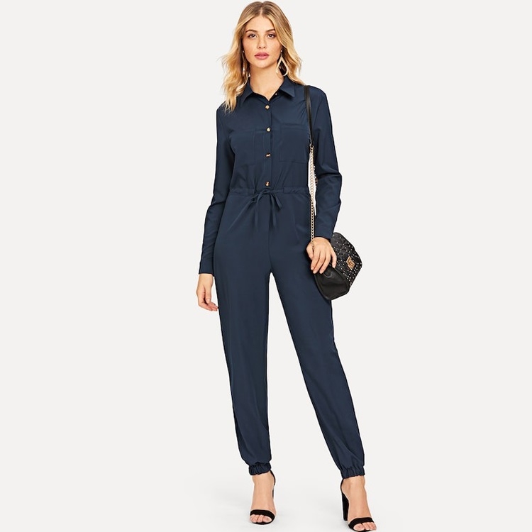 

Lapel Shirt Slim Jumpsuit (Color:Navy Blue Size:S)