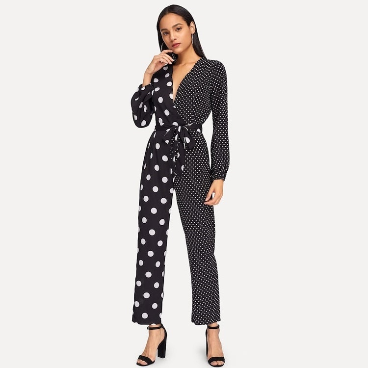 

Lace Up V-neck Long Sleeve Jumpsuit (Color:Black White Size:XL)