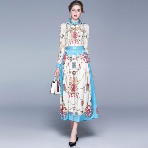 

Fashion Elegance Thin Waist Dress Lapel Print Dress (Color:Sky Blue Size:M)