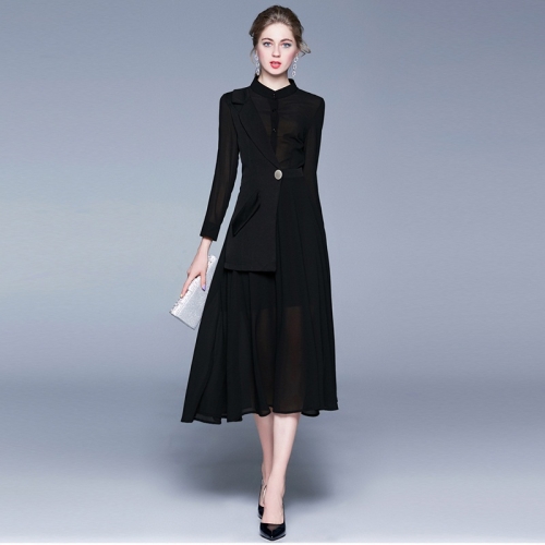 

Elegance Stitching Long-sleeved Chiffon Dress (Color:Black Size:M)