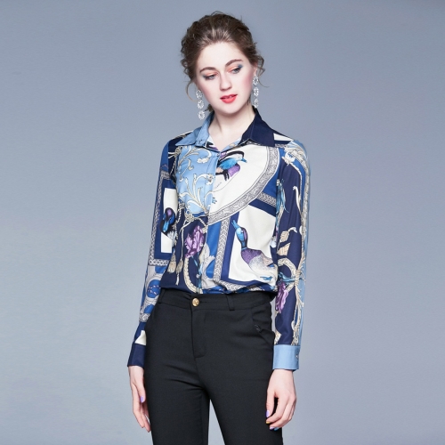 

Fashion Print Shirt Long Sleeve Wild Slim Shirt (Color:Blue Size:M)