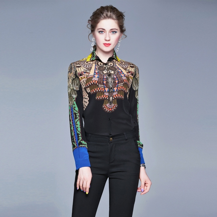 

Retro Lapel Shirt Print Slim Long Sleeve Joker Shirt (Color:Black Size:M)
