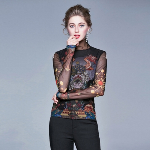 

Retro Printed Stretch Slim Long-sleeved Bottoming Shirt Mesh T-shirt (Color:Black Size:M)