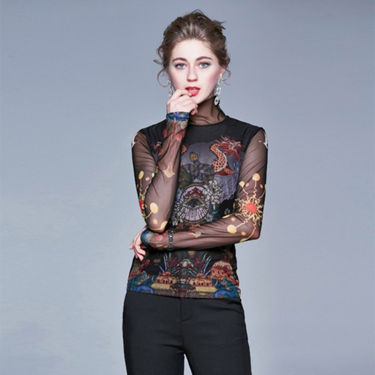 

Retro Printed Stretch Slim Long-sleeved Bottoming Shirt Mesh T-shirt (Color:Black Size:L)