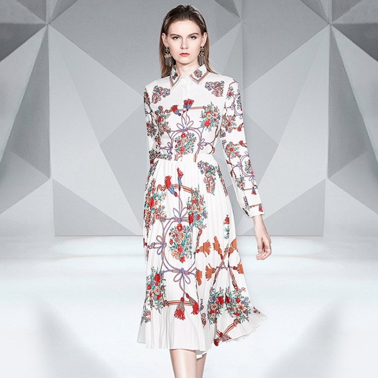 

Lapel Long Sleeve Print Shirt + Pleated Midi Skirt Set (Color:White Size:M)