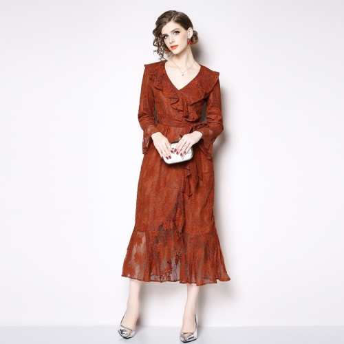 

Elegant Mature Temperament Flounced Lace V-neck Long-sleeved Dress (Color:Red Size:L)