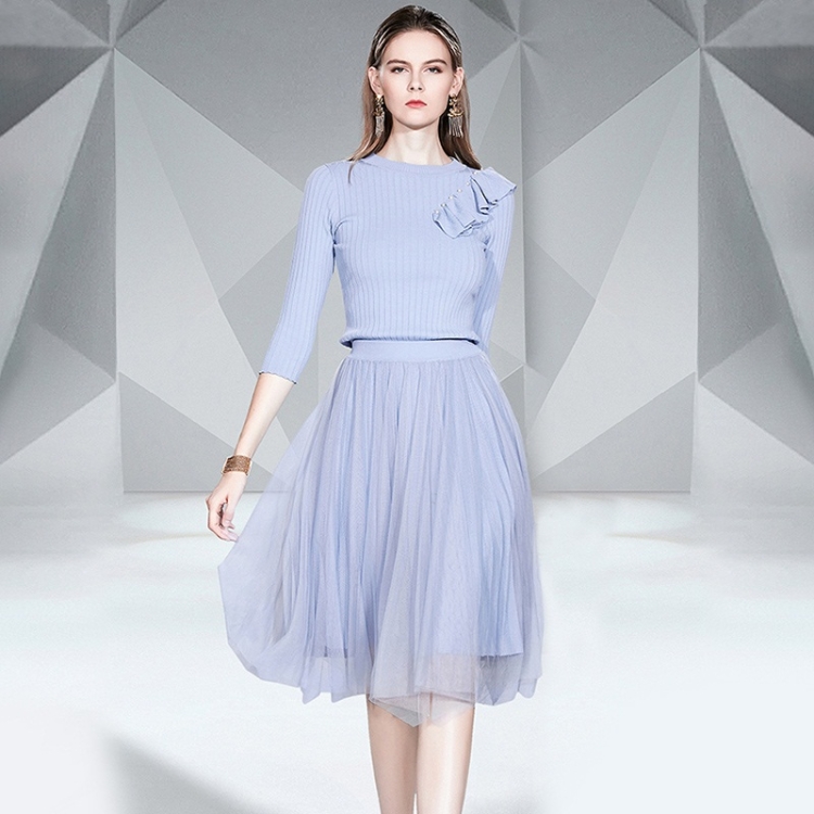 

Ruffled Knitted Sweater Mesh Pleated Skirt Two-piece (Color:Baby Blue Size:L)