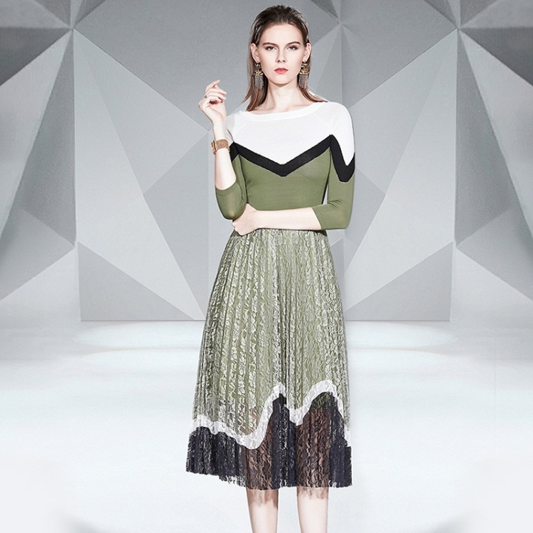 

Fashion Knit Top + Lace Pleated Skirt Two Piece Set (Color:Green Size:L)