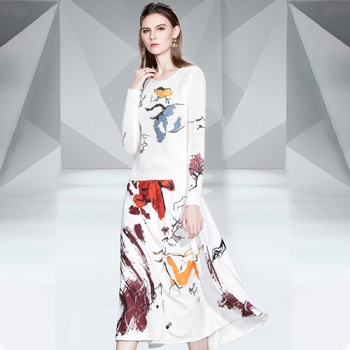 

Cutout Graffiti Sweater High-waist Printed Dress Suit (Color:White Size:M)