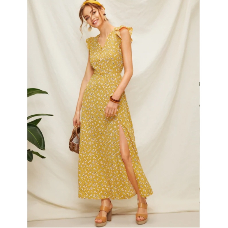 

Fashion Elegant Temperament Print Backless Vacation Style Dress (Color:Yellow Size:XL)