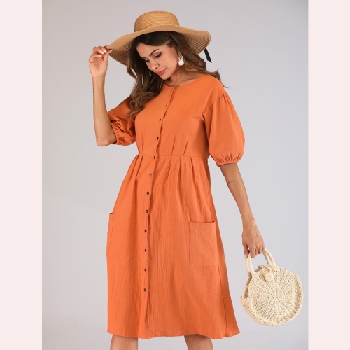 

Fashion Cotton Linen Comfortable Lantern Sleeve Button Dress (Color:Orange Size:S)