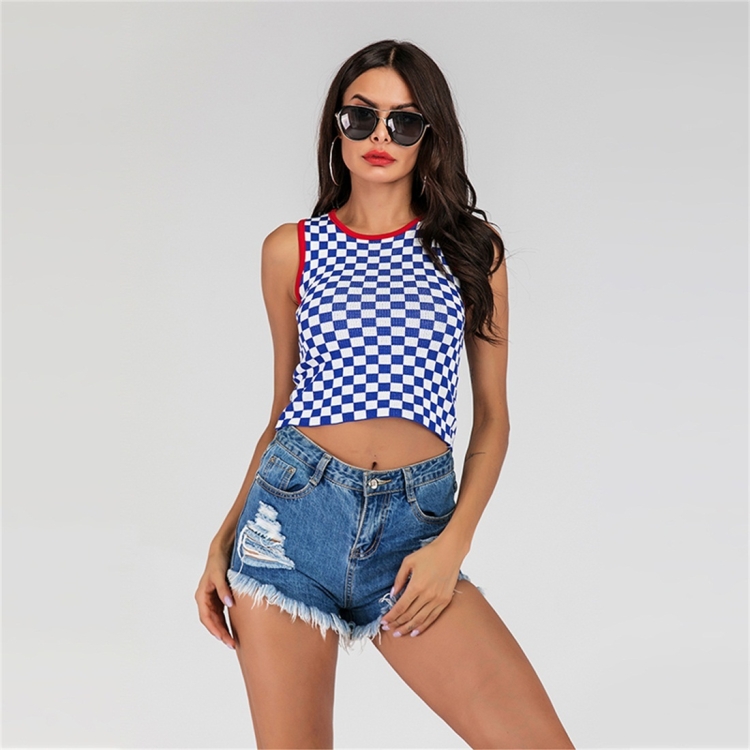 

Women Color Matching Grid Knitted Strap Short Vest