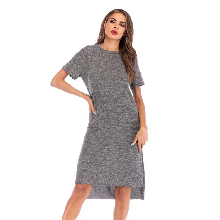 

Solid Color Front Short Back Long Short Sleeve Round Neck Split-bottom Midi-Long Loose Dress (Color:Grey Size:S)